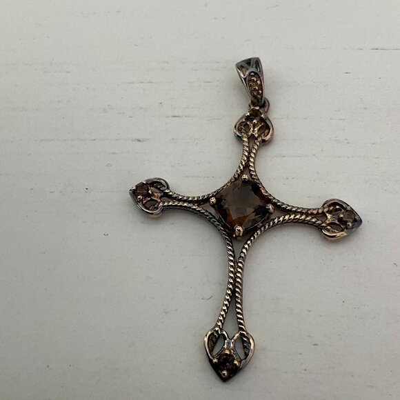 Vintage Smoky Quartz sterling and vermeil ornate cross pendant - Picture 1 of 6